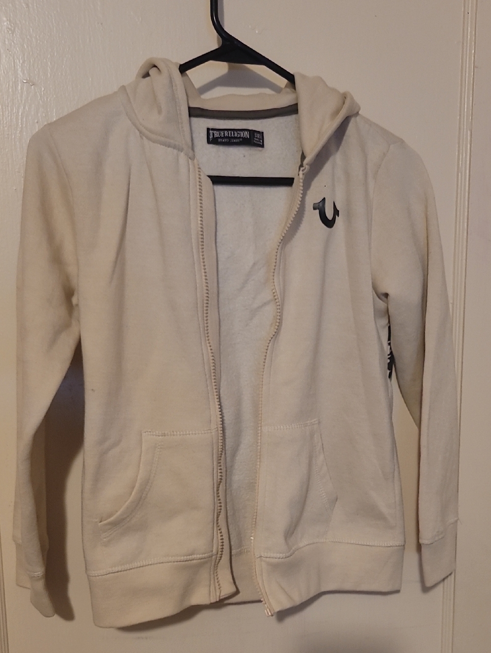 True Religion Damaged Cream Hoodie with Horseshoe Emblem